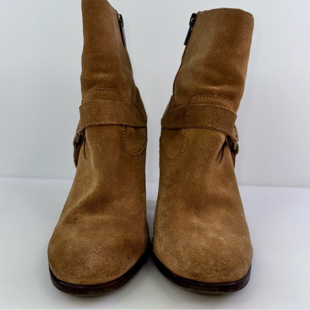 Frye Women's Brown Side Zip Block Heel Sand Suede Ankle Booties - Size 8M - Picture 4 of 8